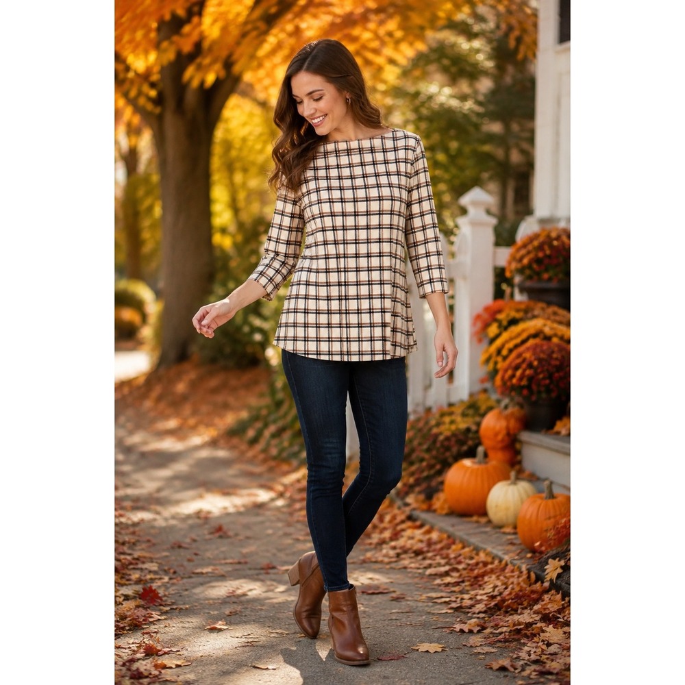 Ann Taylor Factory Plaid Boatneck Top 3/4 Sleeve Cream Navy Brown Medium NWOT
